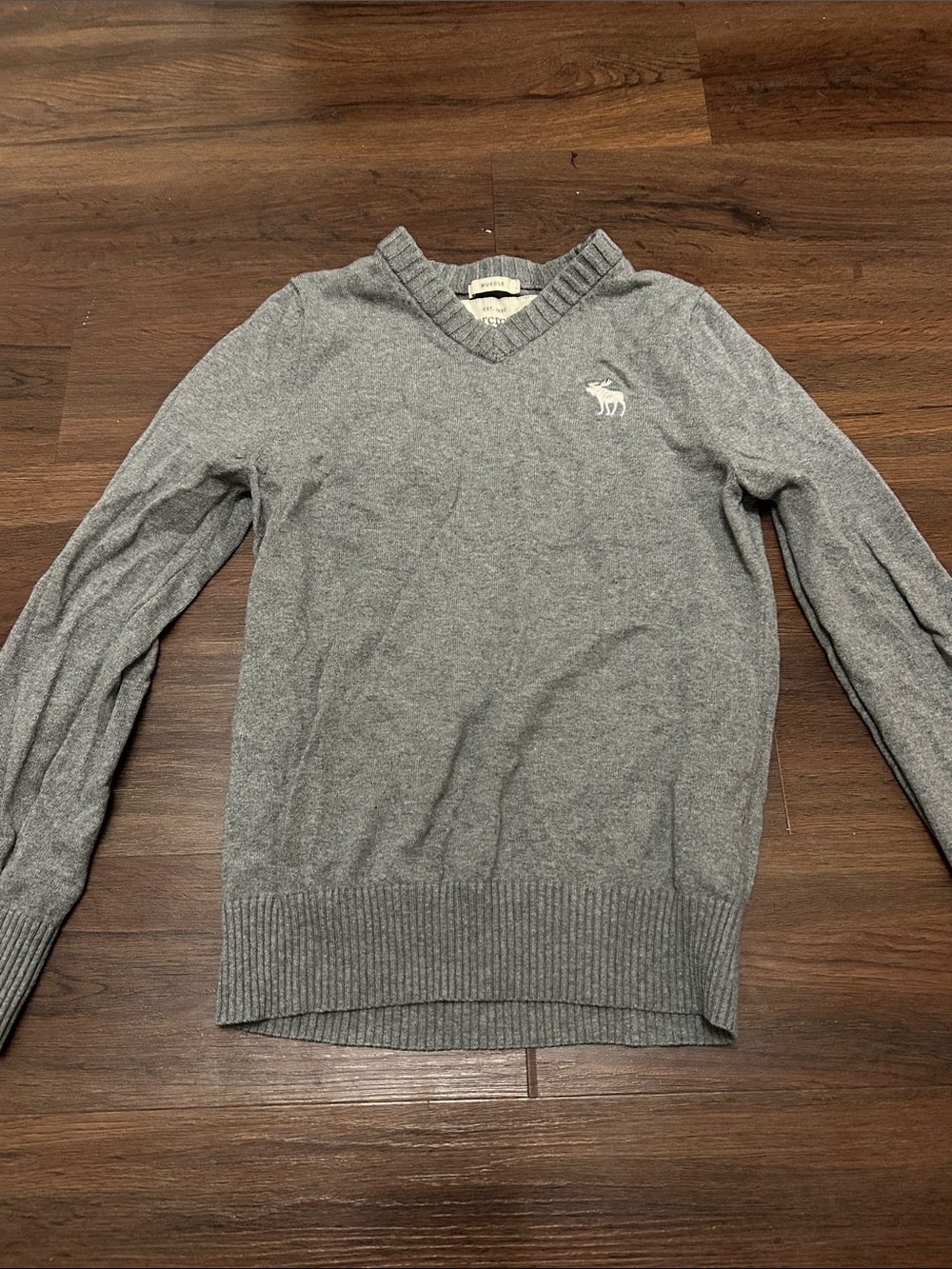 Abercrombie & Fitch Light Gray V-Neck Sweater with Embroidered Moose